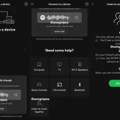 Ekran Spotify z kodem QR do wspólnego słuchania muzyki i instrukcjami.