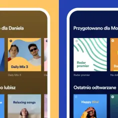 Dwa ekrany telefonu z playlistami Spotify: jeden dla Daniela, drugi dla Moniki.