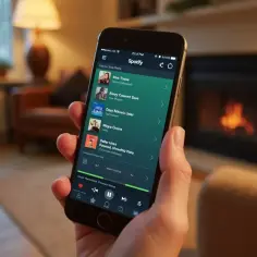 Dłoń trzyma smartfon z otwartą aplikacją Spotify, na ekranie widoczna lista utworów.